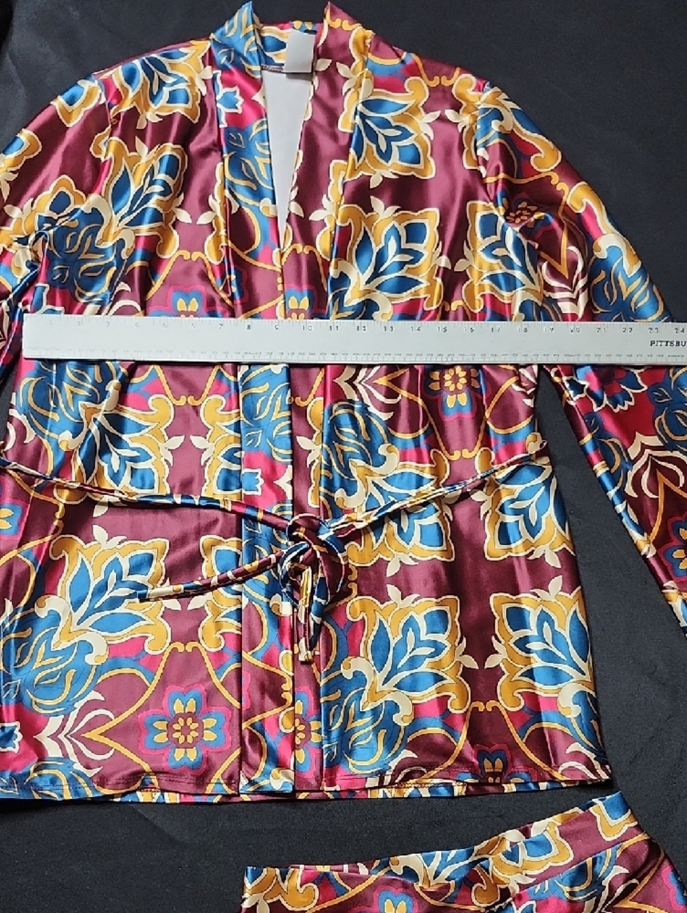 UpTown Women's Burgundy Floral Satin Short Set with Drawstring Waist - Picture 2 of 10